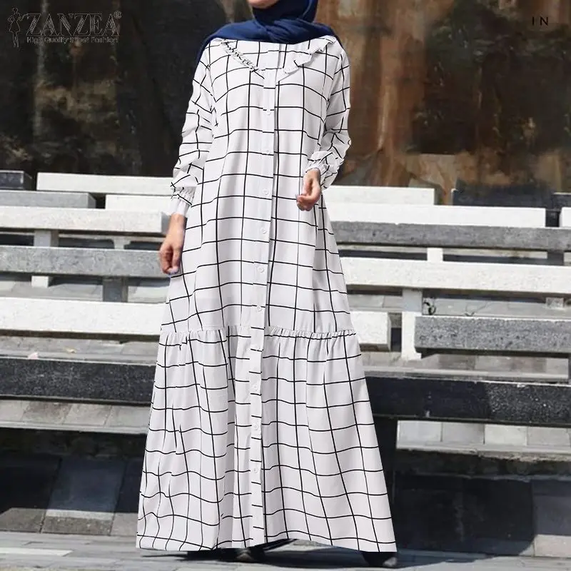Винтажное женское платье ZANZEA в мусульманском стиле, винтажный клетчатый Макси Сарафан с круглым вырезом и длинным рукавом, Весенняя Абая, х...