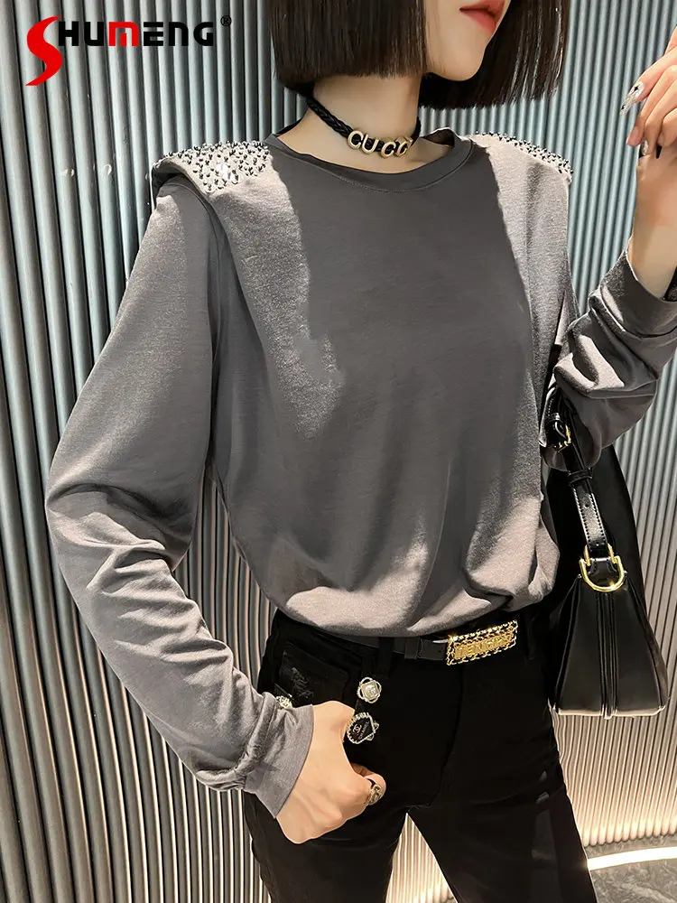 

New Ladies Fashion Streetwear Simple Round Neck Bottoming Shirt Women's 2023 Spring European New Loose Hot Rhinestone T-shirt
