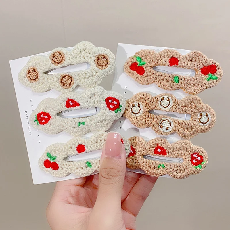 

7cm Long Sweet Cute Knitting Wool Cherry Strawberry Cloud Hair Clips For Girl Kawaii Smiling Face Fairy Side Hairpin Accessories