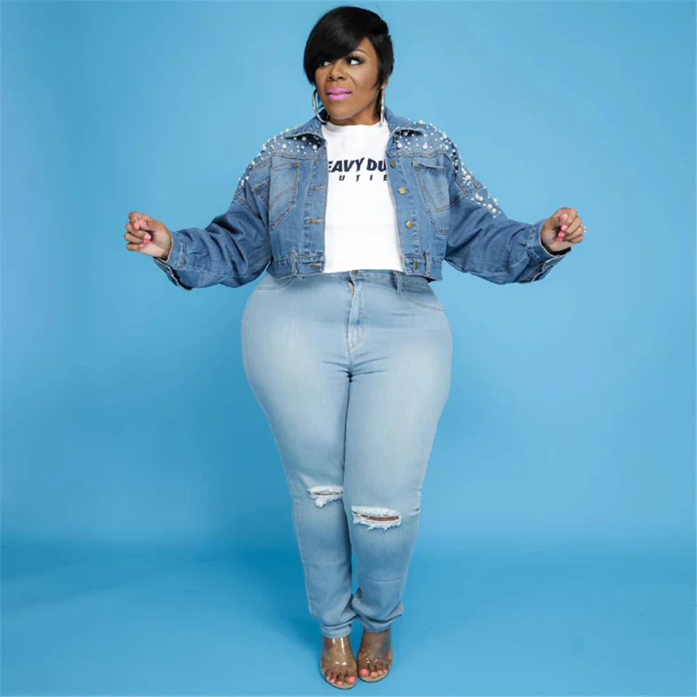 

HAOOHU Bead Jewelry Trend Plus Size Women's Denim Jacket Fashion Turn Down Collar Pocket Single Breasted Street Wear Coat