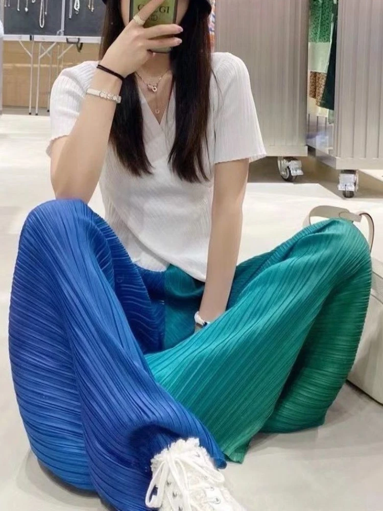 

Женские Плиссированные широкие брюки с градиентом, летние драпированные повседневные брюки зеленого и фиолетового цвета