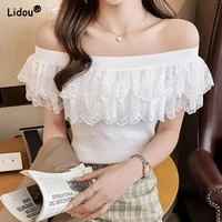 white gauze patchwork short sleeve slash neck off shoulder sexy causal t shirts summer slim solid color womens clothing 2022
