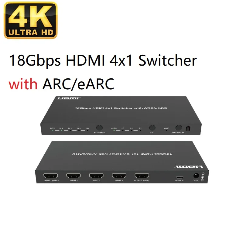 HDMI 2.0 Switch Selector 4x1 with ARC eARC HDR 10+ Dolby Vision Atmos HDCP2.2 Video Switcher 18Gbps  HDR 4K 60Hz for Soundbar