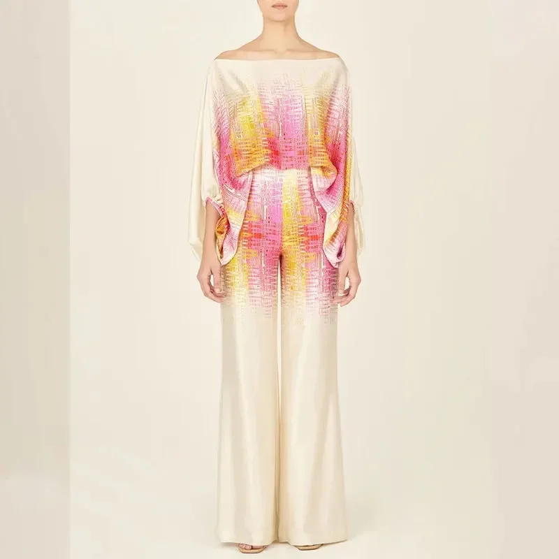 2024 Новый женский атласный модный комплект из 2 предметов с принтом топ