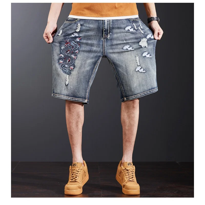 Мужские джинсовые шорты с вышивкой дракон