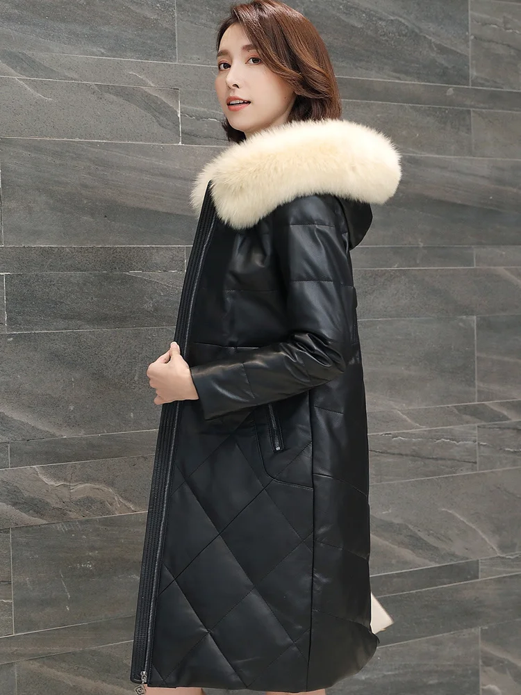 

2023Leather jacket,Genuine Sheepskin Coat Female Winter Jacket Women Fox Fur Collar Down Jacket Real Leather Jacket Korean Long