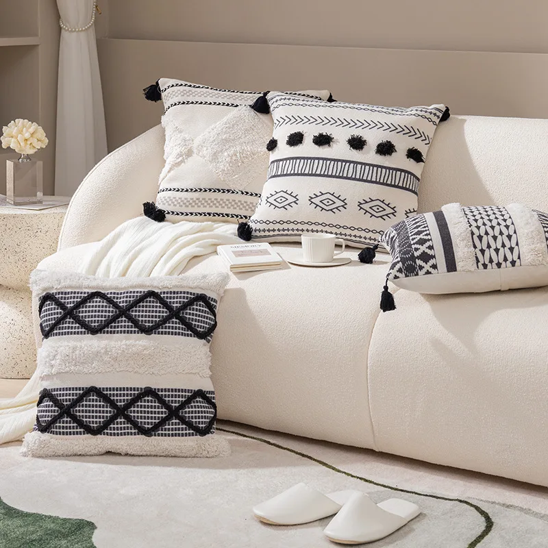 

Boho Tufted Fringed Woven Cushion Cover Black White Geometry Printed Pillowcase 45x45cm Embroidery Decorative Pillows for Sofa