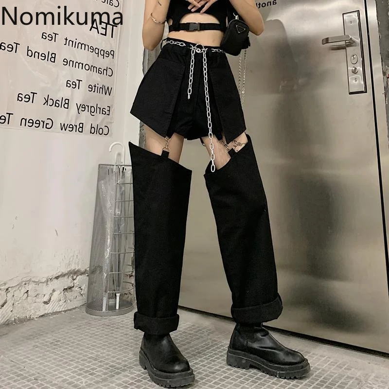 

Nomikuma Women Pants Spring Autumn High Waist Wide Leg Hollow Out Pantalon Femme Vintage Harajuku Punk Style Y2k Streetwear