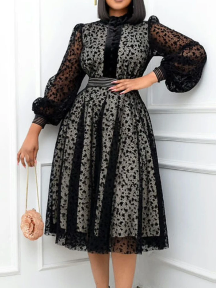 

Женское кружевное платье-миди с длинным рукавом-фонариком, большого размера