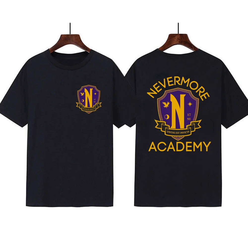 

Wednesday Addams Nevermore Academy Logo T Shirt New TV Series Graphics Print Tshirts Men's Gothic Short Sleeve O-Neck T-shirt