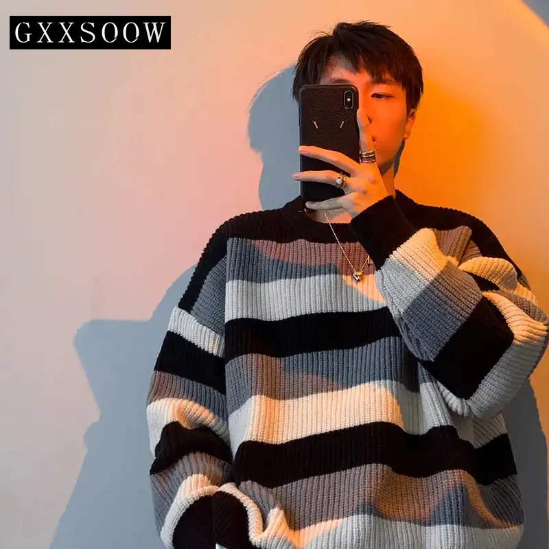 

Свободный Полосатый Вязаный джемпер, свитера, уличная одежда, мужской зимний Повседневный пуловер в стиле хип-хоп Харадзюку, трикотажные то...