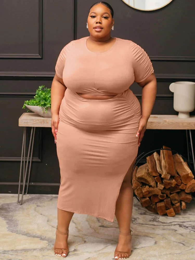 Plus Size Women Clothing Summer Outfit O-neck Top Two Piece Dress Set Ladies Sexy Slit Skirt Set Wholesale Bu 3xl 4xl 5xl 6xl
