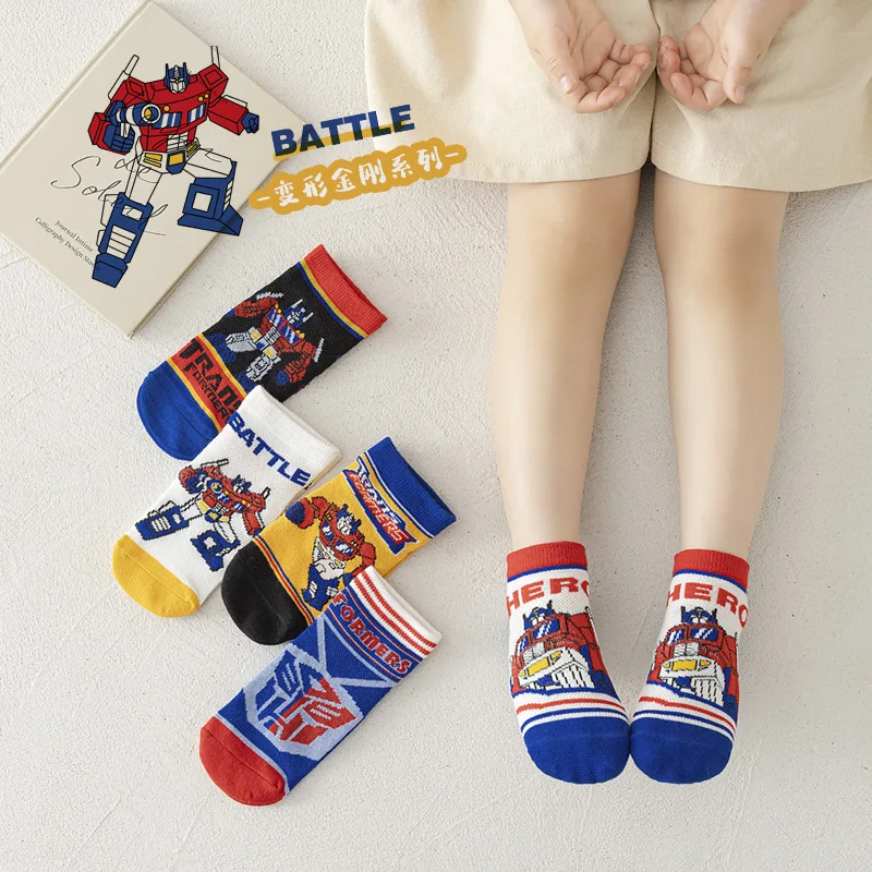 5 pairs of 2023 new baby cartoon transformers children's socks striped straight plate socks combed cotton socks