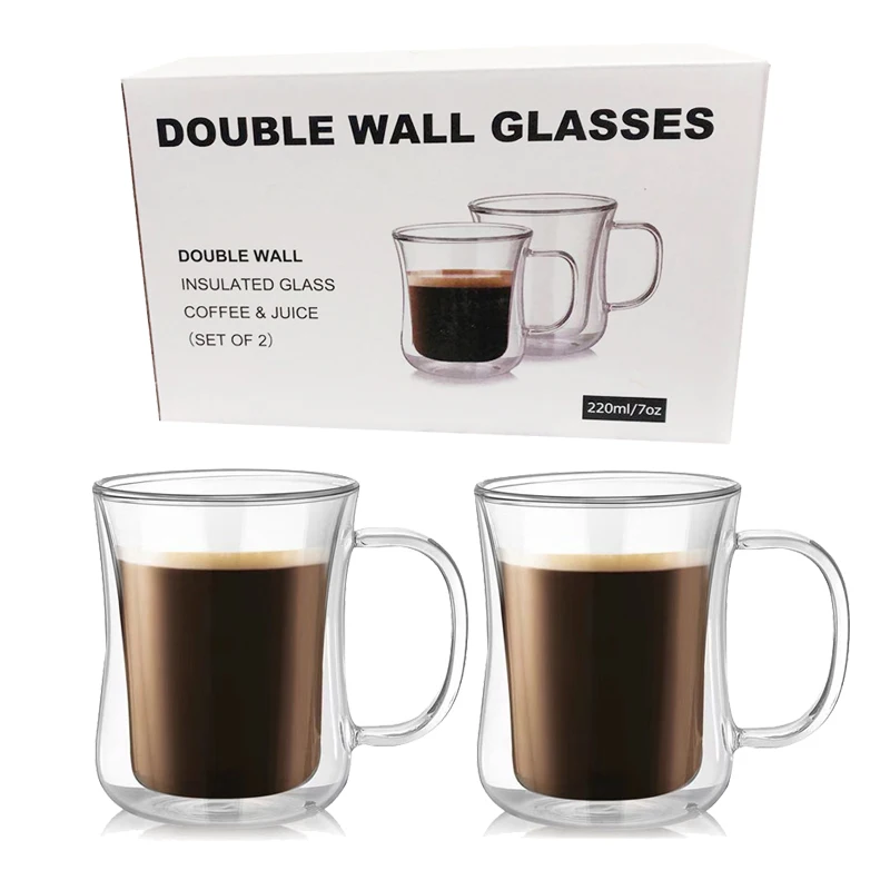 

2Pcs Double Wall Glass Cups Insulated Coffee Mugs 220ML Double Glass Coffee Cup Set Thermal Cups for Hot Cold Drinks Beverages