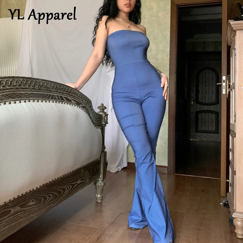 

2022 Summer Solid Blue Strapless Sleeveless Bodycon Jumpsuits Romper Sexy Elegant Woman Backless Flare Panties Overalls Bodysuit