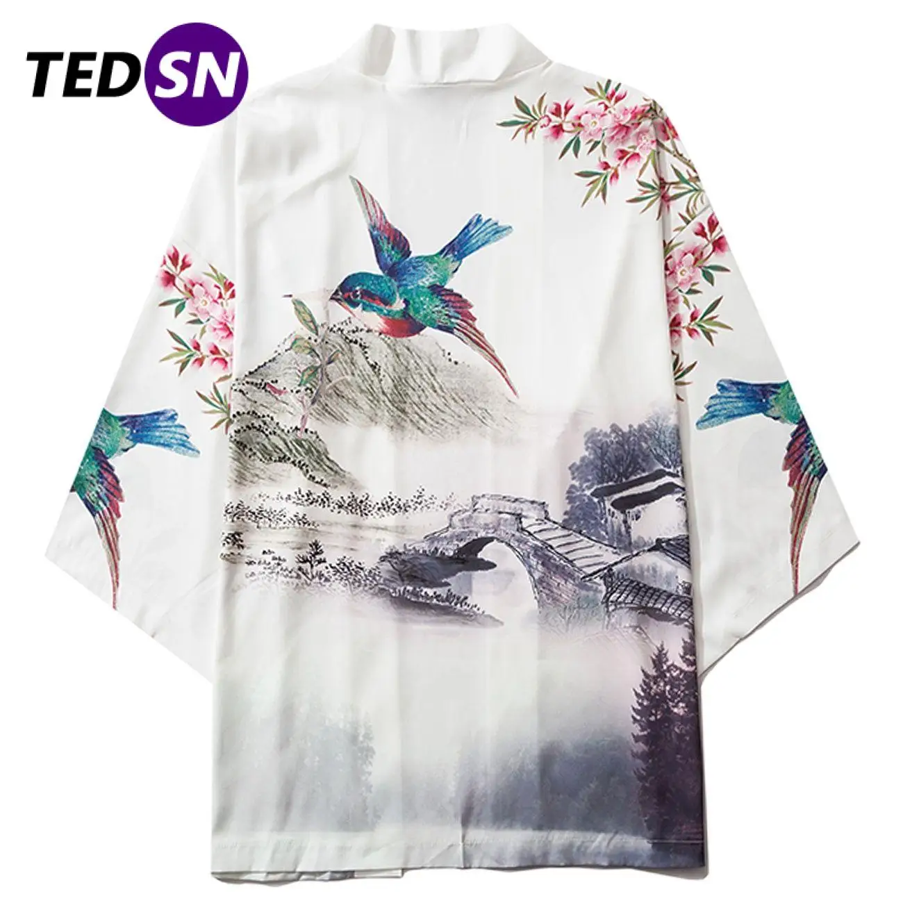 

Japanese Kimono Jacket Landscape Flying Bird Print Harajuku Shirts Hip Hop Summer Japan Streetwear Front Open Coats