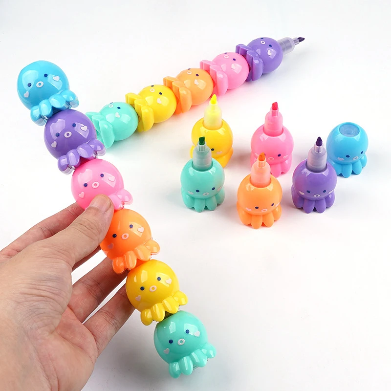 Kawaii 5 Colors Octopus Fluorescent Marker Pen Set Highlighter Pens Painting Highlight Mark Cute Stationery School Supplies 6pcs