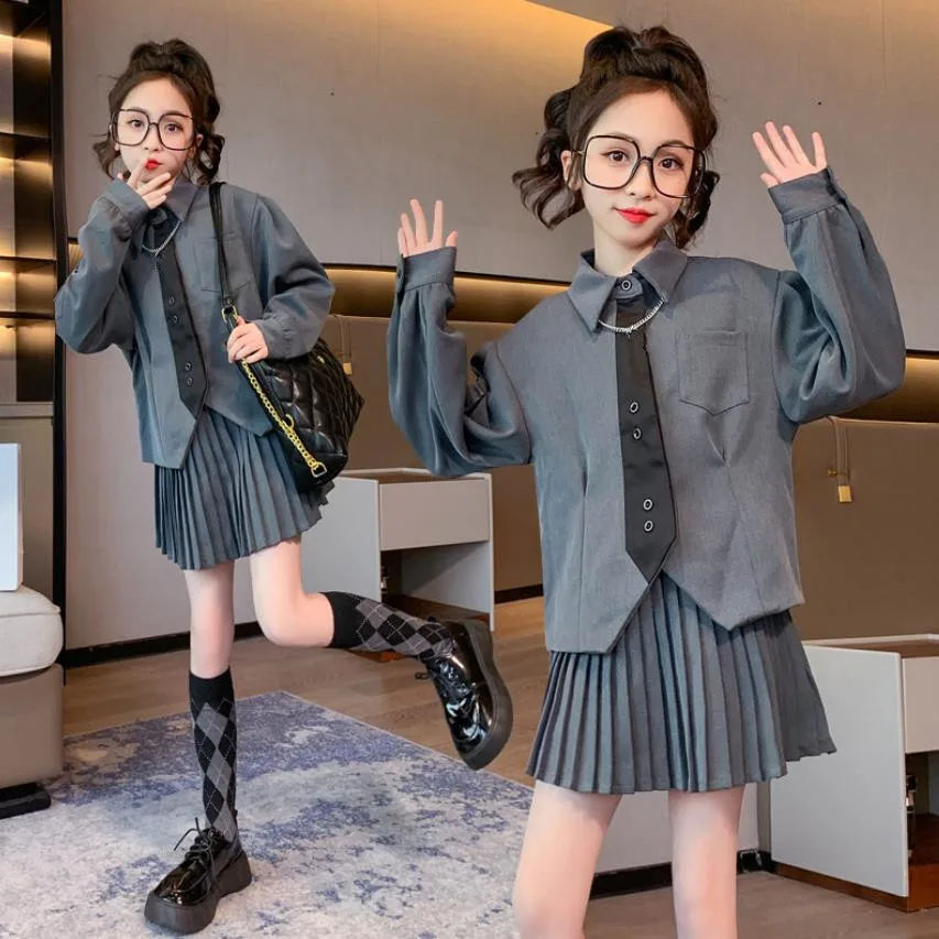 Новинка весна-осень 2023, комплекты для маленьких девочек, рубашка с длинным рукавом + юбка, костюмы из 2 предметов, детская плиссированная юбка в Корейском стиле, модель Z1027