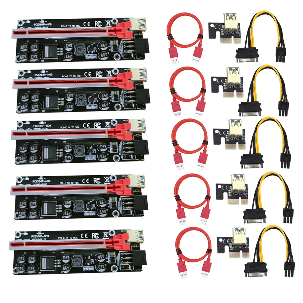 

5pcs VER009 USB3.0 PCI-E Riser VER 009S PLUS Express 1X 4x8x 16x Extender pcie Riser Adapter Card SATA 15pin to 6pin Power