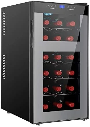 

Fridge Dual Zone,18 Bottles Wine Cooler Refrigerator Chiller Upper Zone 46f-54f Lower Zone 54f-65f for Red White Wine Champagne