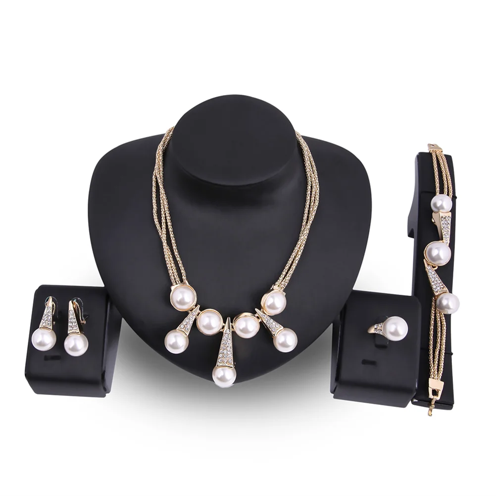 

4Pcs Women Rhinestone Pearl Necklace Earrings Bracelet Ring Jewelry Set Sets