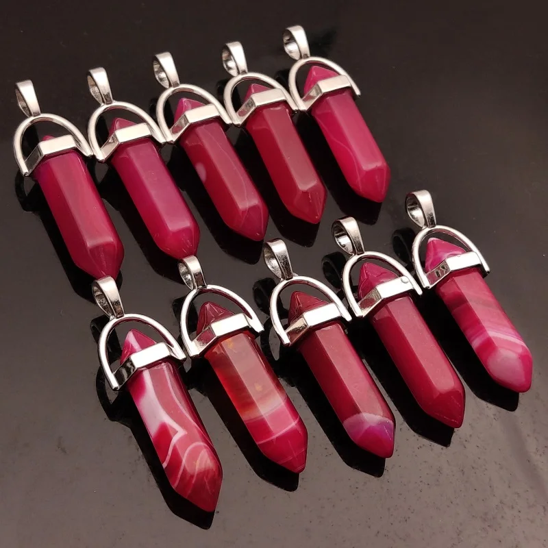

Rose Red Stripe Agates Stone Pendant Pendulum Hexagon Pillar Bullet Shape Charms for Earrings Necklace Making Wholesale