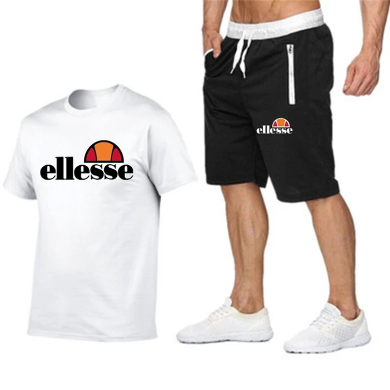 2023 ellesse Men's Fashion T-shirt brand printed casual trend Power summer cotton men's short sleeve + shorts two-piece set