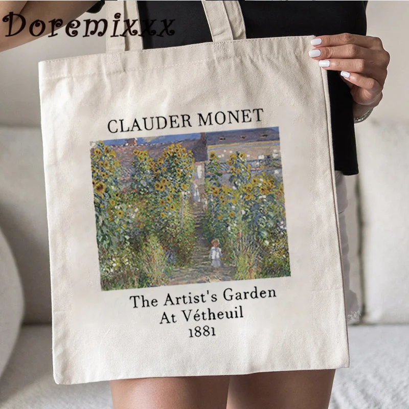 

Claude Monet The Artist's Garden At Vétheuil Print Graphic Shoulder Bags Women Shopping Bag Retro Canvas Shopper Bags Tote Bag
