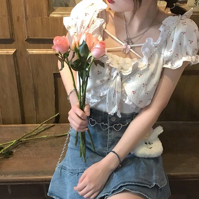 

Summer Floral Kawaii Halter Tops Women Backless Sexy Beach Sweet Cute Tanks Lace Print