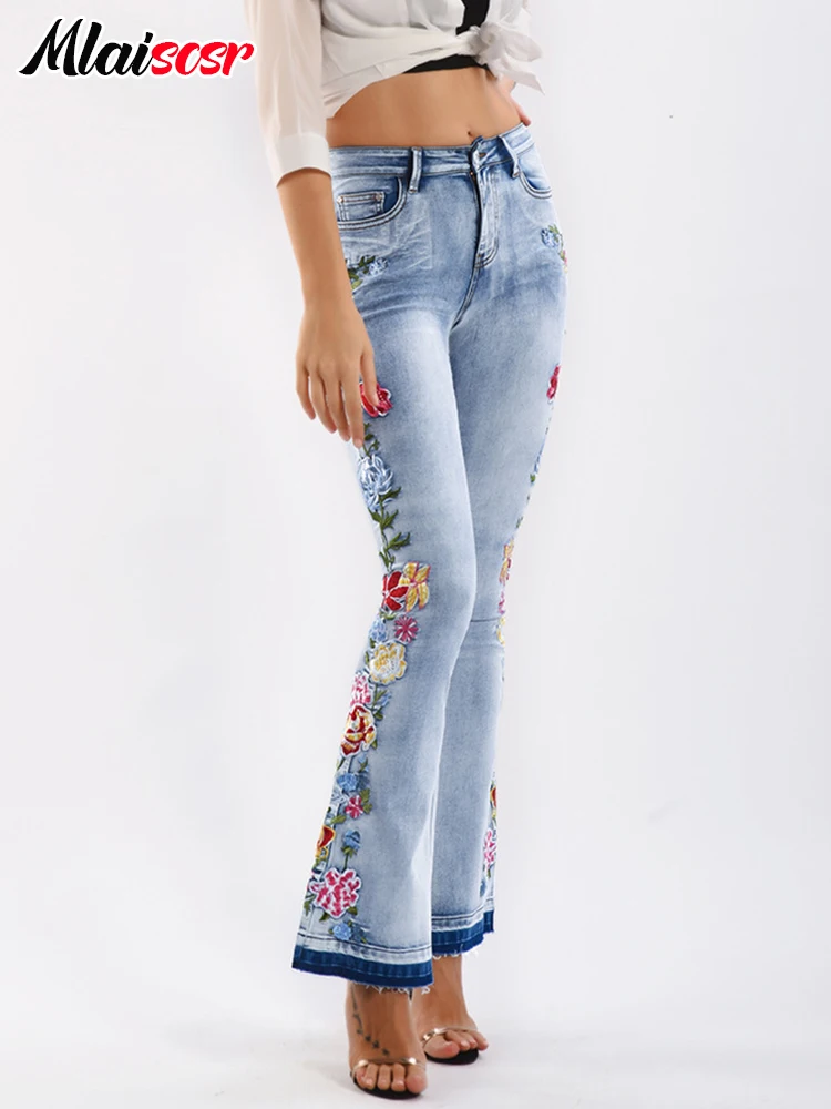 Модные обтягивающие расклешенные джинсы Mlaiscsr с 3D цветочной вышивкой женские