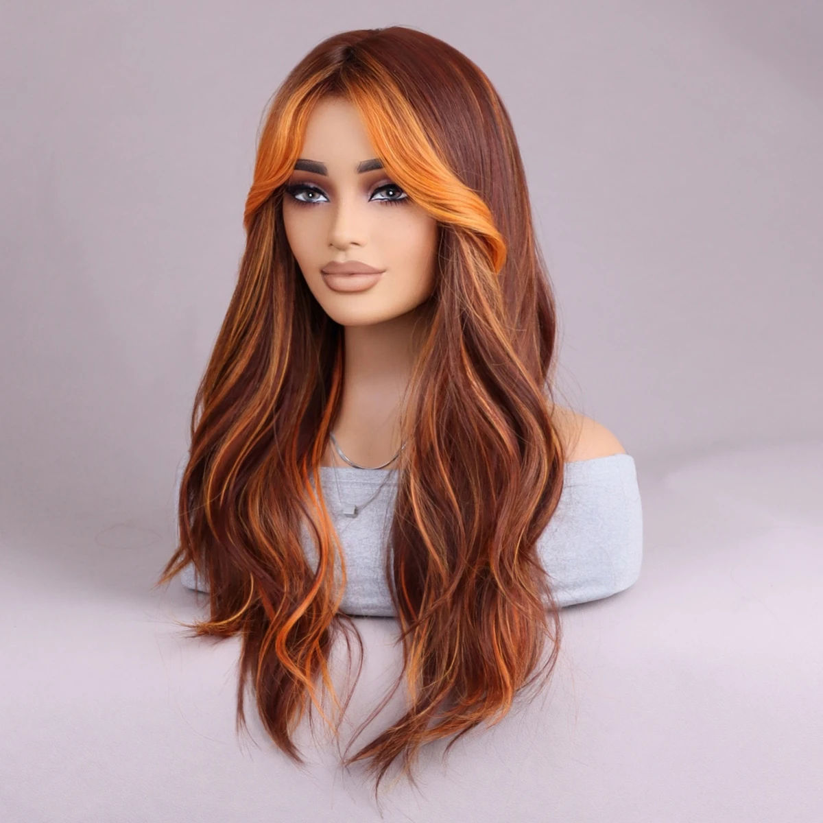 Красновато-коричневый с челкой натуральная волна для женщин термостойкие
