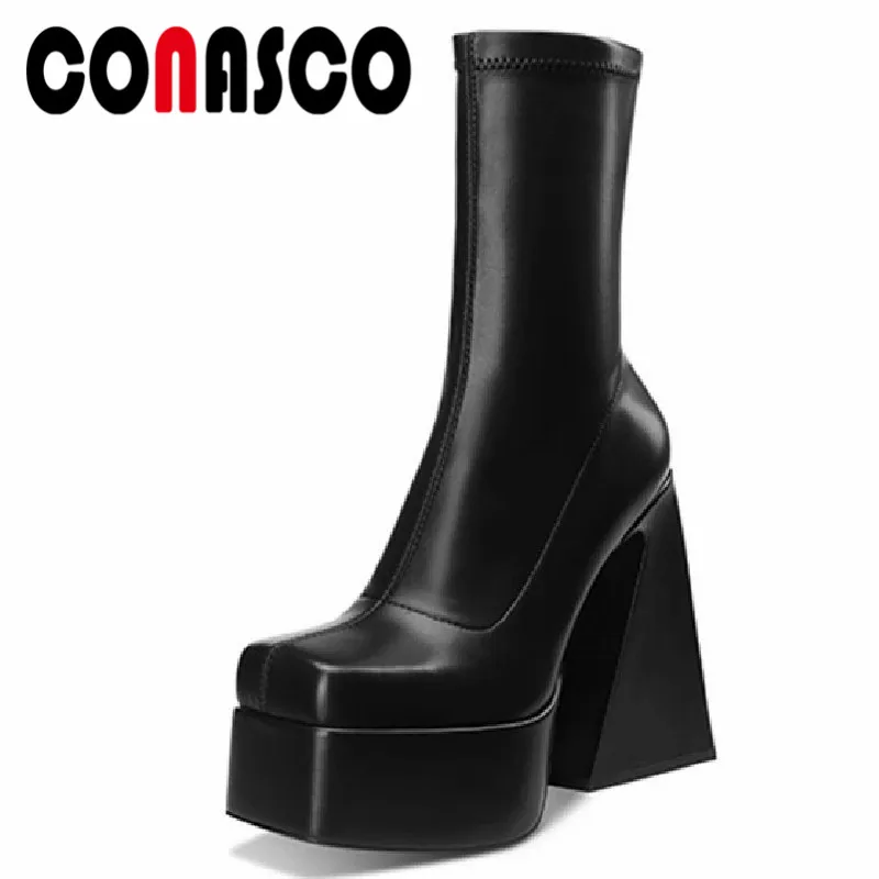

CONASCO 2022 Punk Style New Women Mid-Calf Boots Autumn Winter Fashion Square Toe Chunk Platforms Thick High Heels Shoes Woman