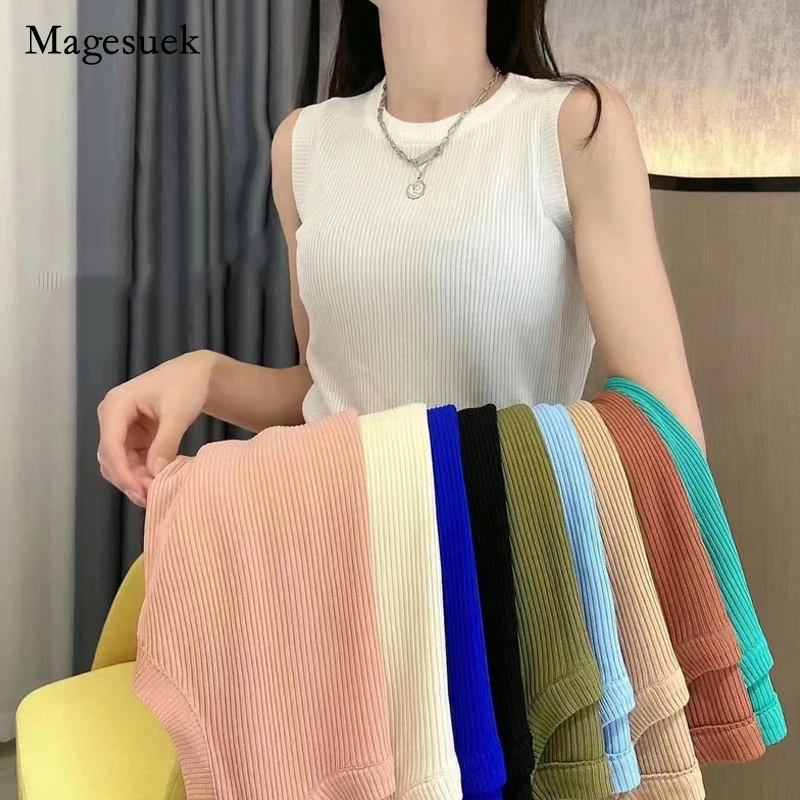 

Summer New 2022 Women's Knitted Blouse Solid Sleeveless Bottomed Shirt O-neck Slim Tops Casual Office Lady Knitted Vest 19586