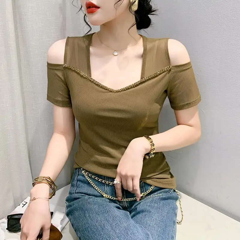 

2023 new spring dress square collar fashion slim off-the-shoulder hand-spiked mesh short sleeve T-shirt