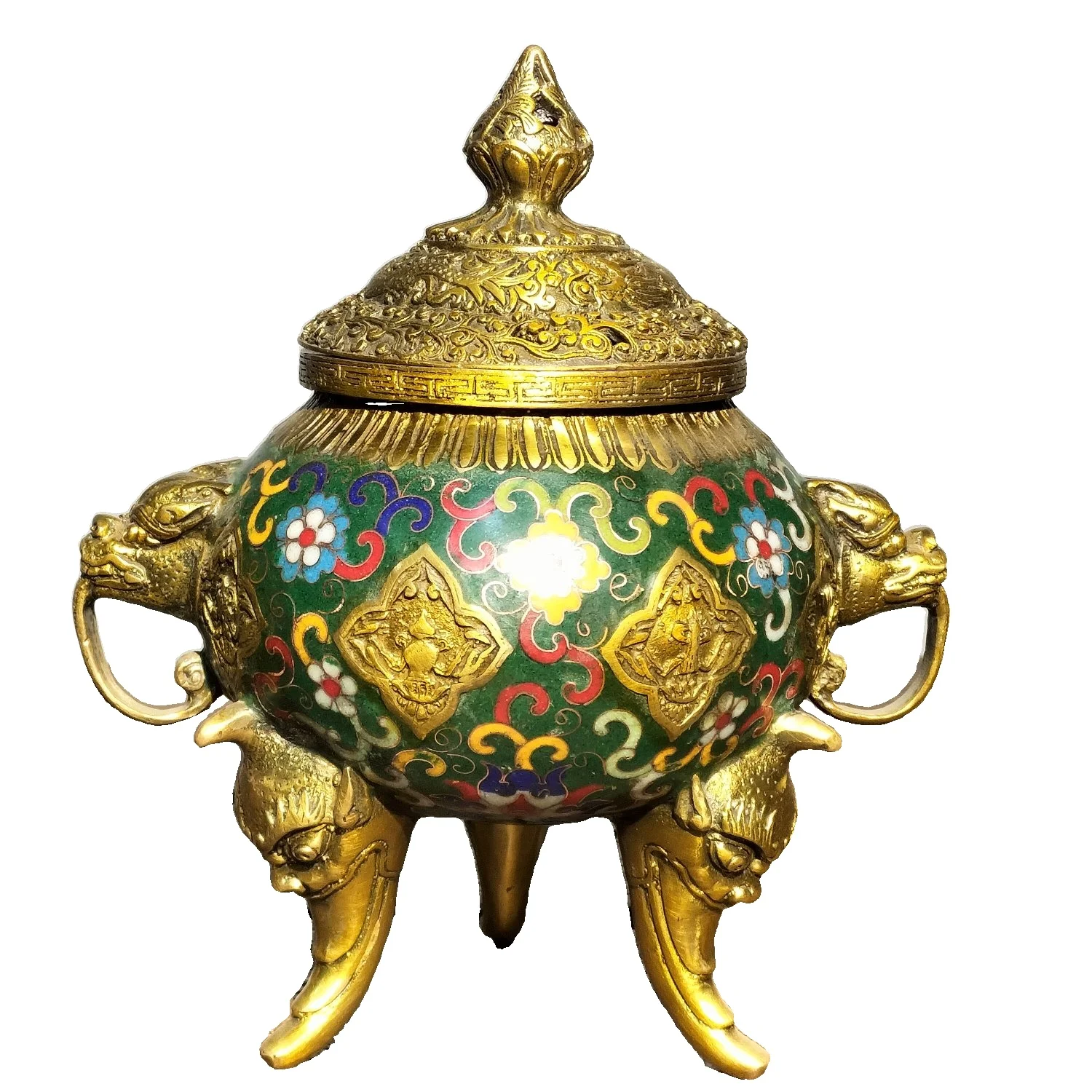 

LAOJUNLU Old Collection Pure Copper Cloisonné Incense Burner With Openwork Lid Handmade Filigree Enameled Three-Legged Chi