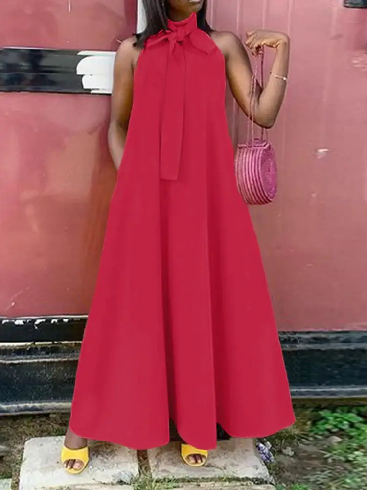 

Платье ZANZEA женское длинное без рукавов, праздничный Элегантный Модный сарафан-трапеция, однотонное платье-макси с бантом, кафтан оверсайз