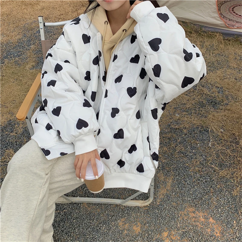 Autumn and Winter Parka Coat Love Printing Cotton Jacket Female 2022 New Korean Warm Loose Harajuku Zipper Jacket Women Clothing