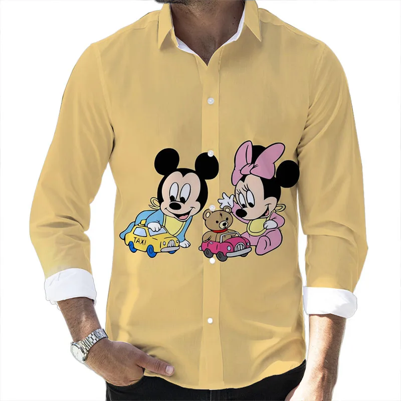 

Рубашка мужская с длинным рукавом, кофта с 3D принтом Микки из мультфильма Диснея, топ оверсайз с лацканами, Винни-Пух, осень