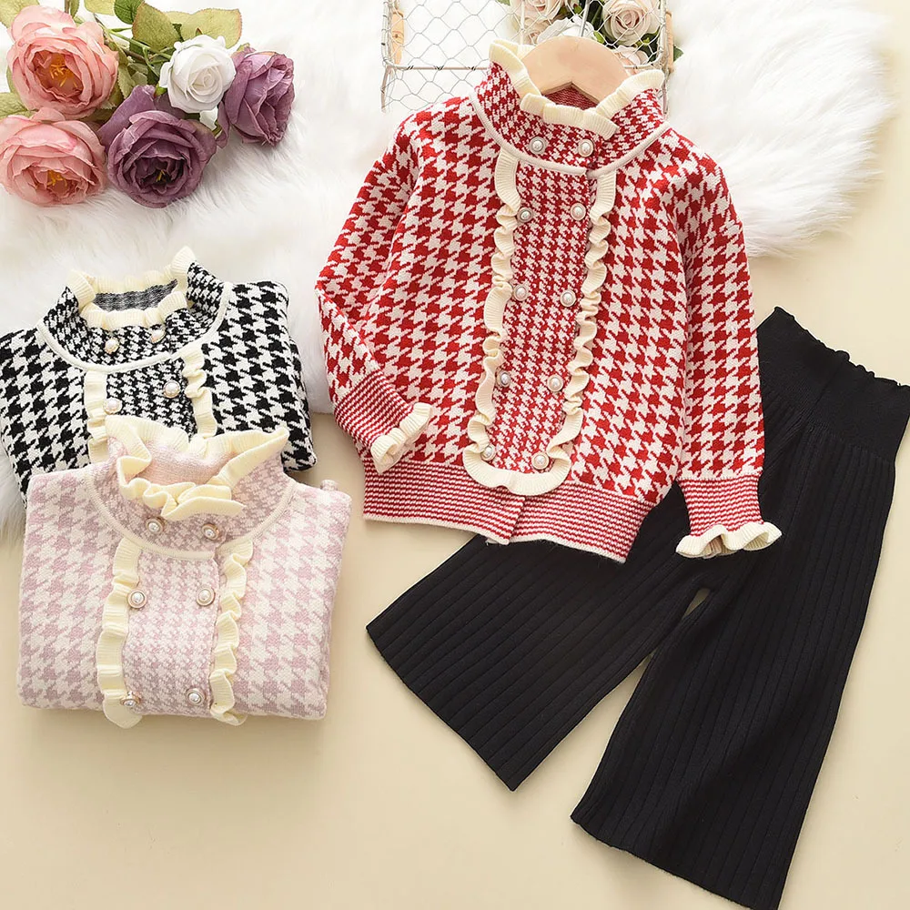 

Baby Girl New Knitted Set Clothe Clothing for Children Kid Butterfly Sleeve Fashion Casual Autumn Plaid Sweater+Loose Pants 2Pcs