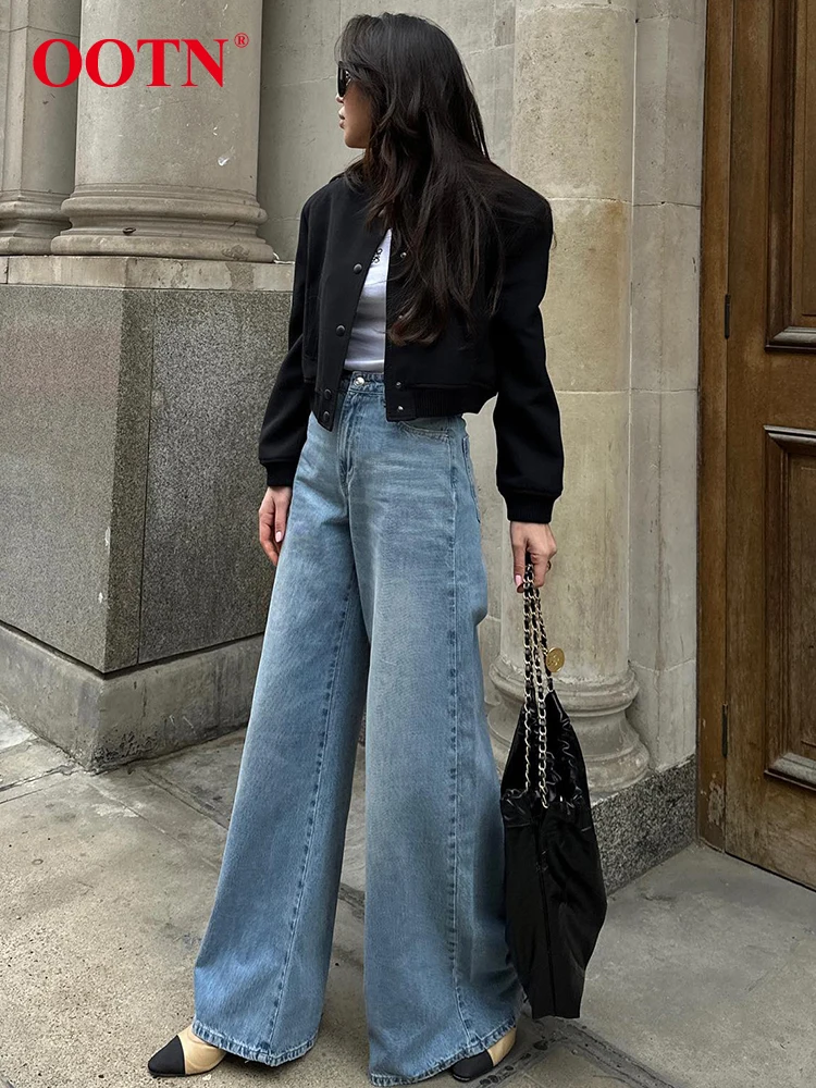 

OOTN Elegant Denim Blue Midi Waist Long Pants Autumn Cotton Loose Trousers Female Street Chic Zipper Pants Women 2023 Pockets