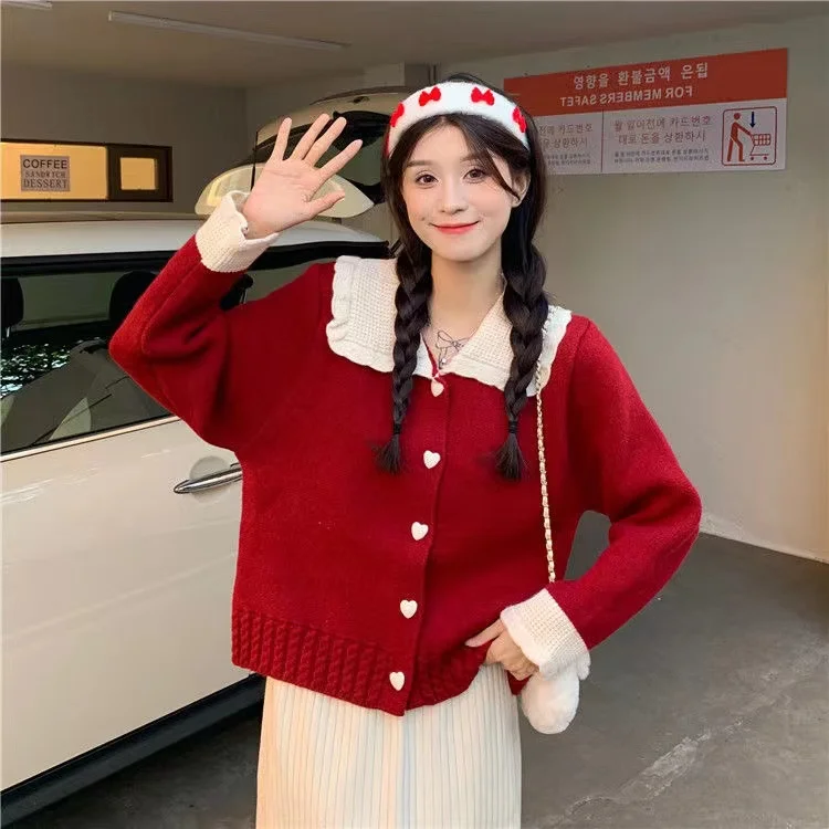 

2023 New Ladies Doll Collar Knit Cardigan Versatile Casual Lazy Wind Solid Color Long Sleeve Sweater Women Autumn and Winter