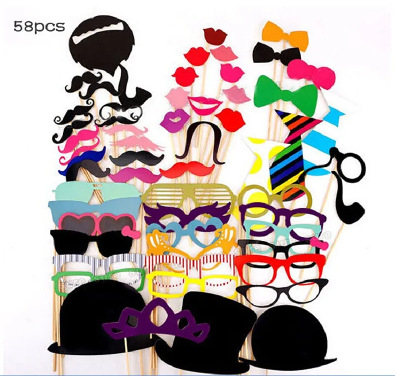 58PCs/set Photobooth Props Glasses Hat DIY Mustache Lip On A Stick Mask Wedding Birthday Party Decoration Accessories Supplies