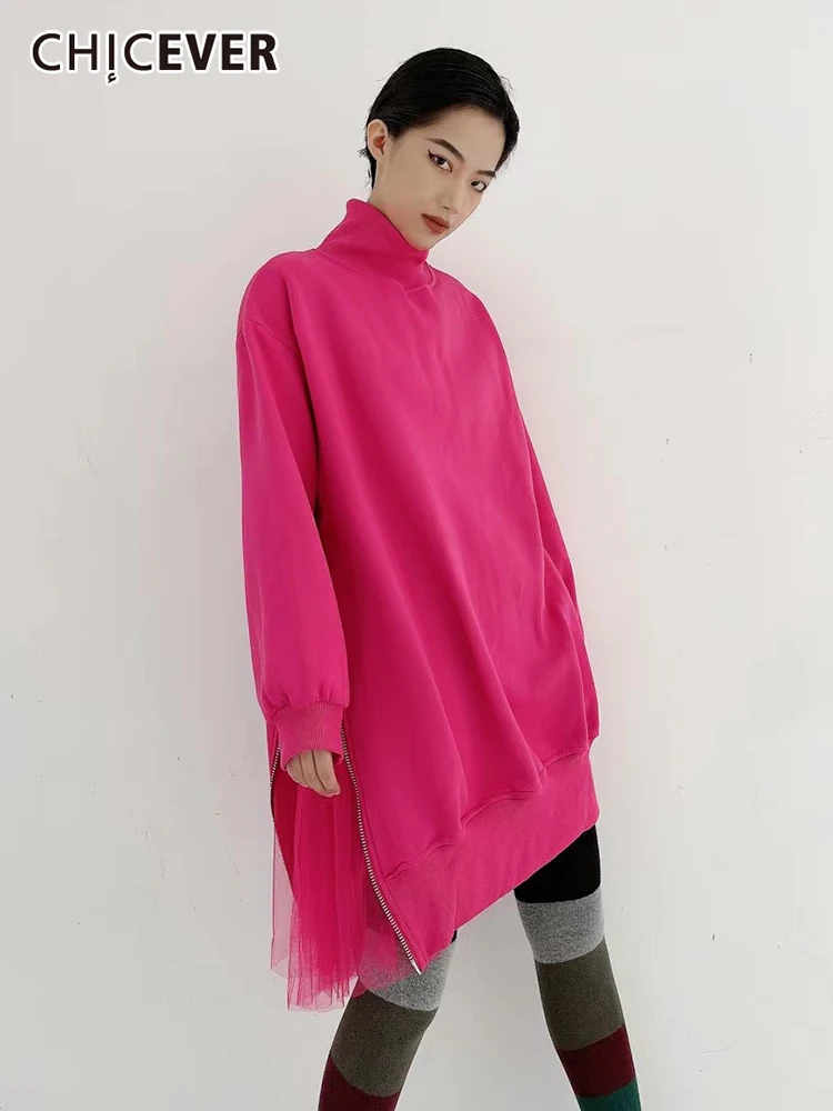 

CHICEVER однотонная Толстовка для женщин с высоким воротником и длинным рукавом, Лоскутная Сетка, темпераментные свитшоты, Женская Осенняя мод...