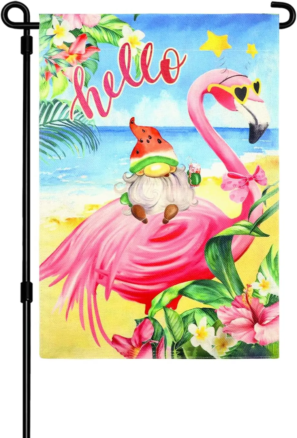 Фото Флаг для сада Dohia Hello Summer Flamingo 12x18, вертикальный, двусторонний, с гавайским морским пейзажем, для пляжной вечеринки, баннер для двора, сезонный, для улицы WZZ №1