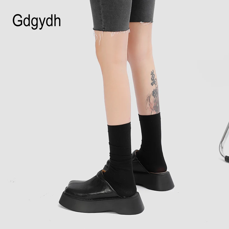 Gdgydh Japanese Style Women's Platform Mules Retro Clogs Closed Toe Slip On Sandals Backless Vegan Leather Flatform Shoes