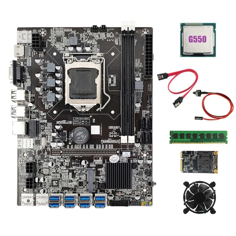 

Материнская плата B75 для майнинга, 8xpcie на USB3.0 + G550 CPU + Fan + DDR3 4 Гб 1600 МГц RAM + 128G SSD + SATA кабель + кабель переключателя