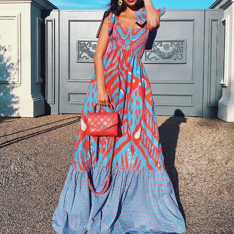 

2021 New Graduation Dresses Women Casual Printed Loose with Large Swing Long Maxi Vestido Summer Vacation Robe