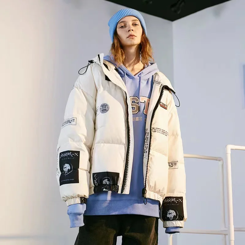 Winter Couples White Duck Down Jacket Little Devil Smile Print Letter Hip Hop Men's and Women's Thick Loose Down Jacket Clothes