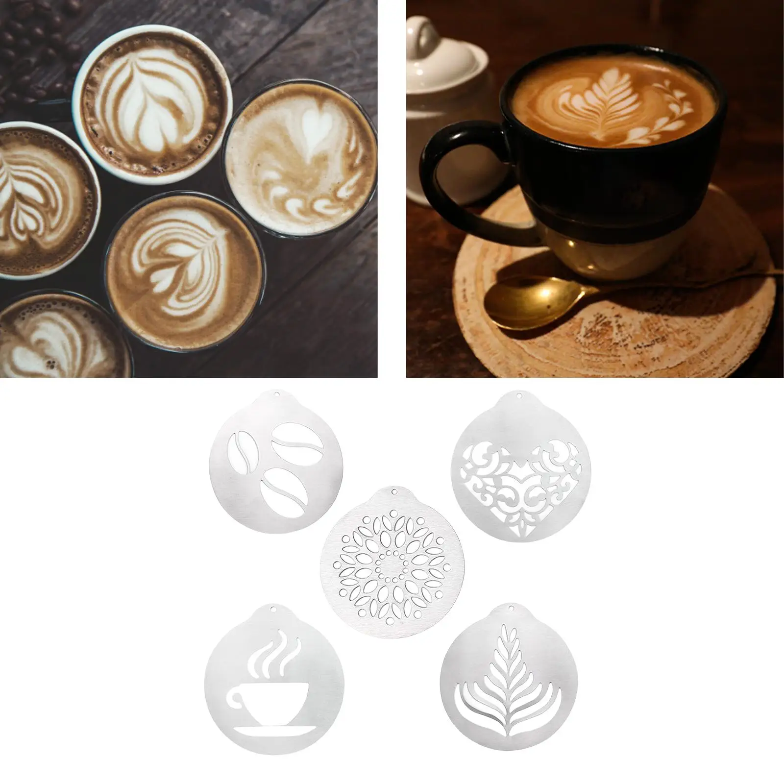 5x Stainless Steel Coffee Latte Stencils Cake Decorating Tool Barista Anti Rust Templates for Home Kitchen Baking