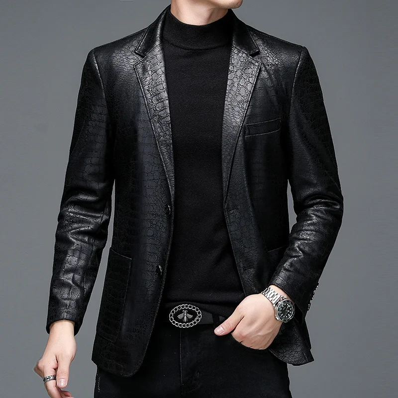 Leather suit men's business snake embossing craft high-end large size man faux leather blazer business gentleman wedding PU coat